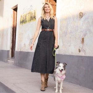 NWT Sundance Washed Denim Poppy Midi Dress Women’s Size 16 Belted Black Classic